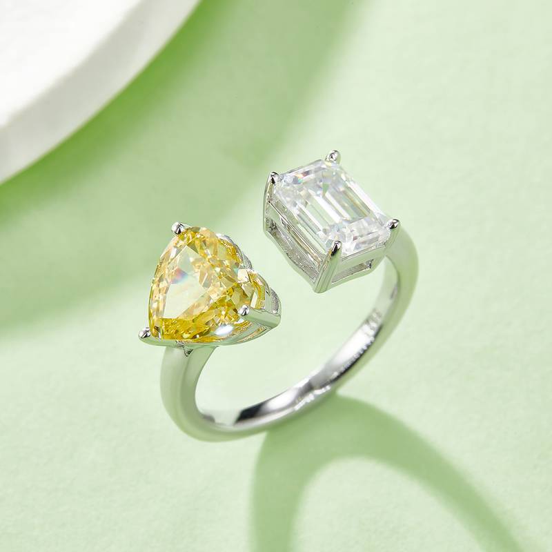 心形冰花切AND长方MoissaniteS925银镀白金Women's Ring2ctD级